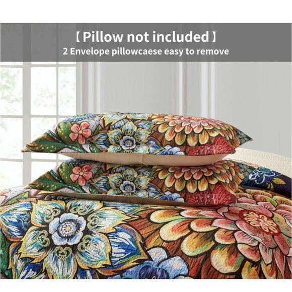 3 Piece Boho Floral Quilt Set King Size Colorful Bohemian Contemporary Flower - Picture 6 of 6